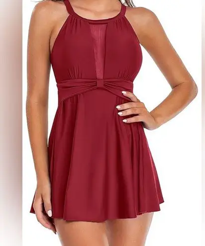 SHEKINI Women Mesh High Neck One Piece Skirt Swimsuit Halter Ruched Swimdress sm