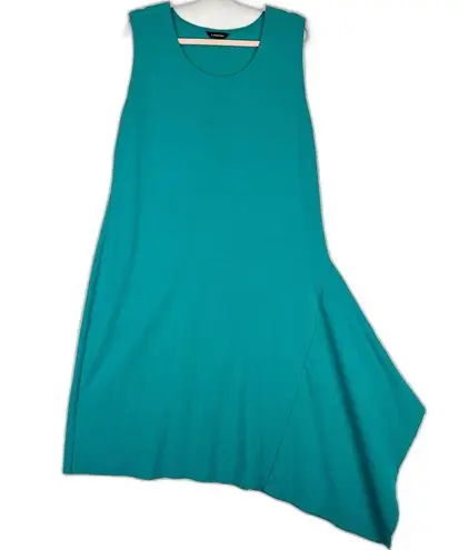 J. Peterman Asymmetrical Hem Midi Dress Size Medium Teal Lagenlook Sleeveless Green