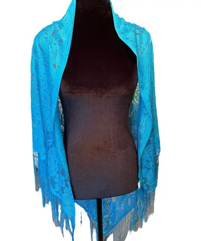 Ethereal Boho Witch Hippie Romantic Blue Sheer Floral Fringe Bandana Lace Shawl