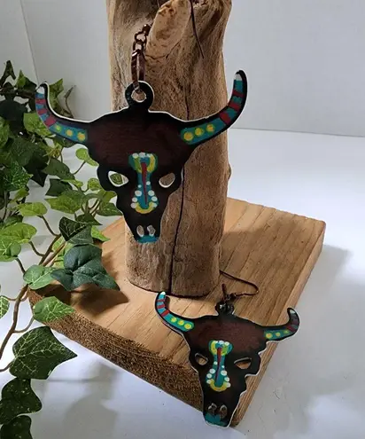 Western Boho Bull Longhorn Skull Metal Earrings Brown