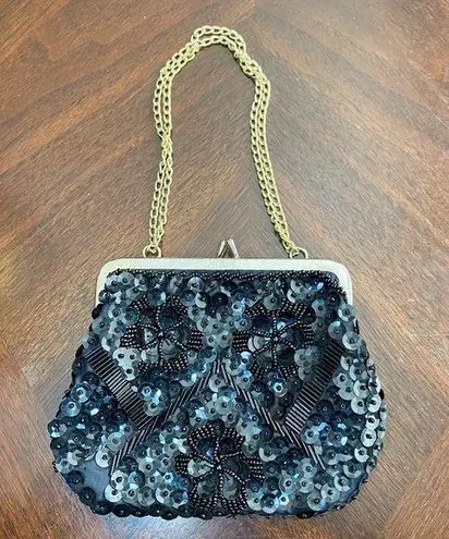 Vintage Black & Gold Beaded & Sequins Snap Purse