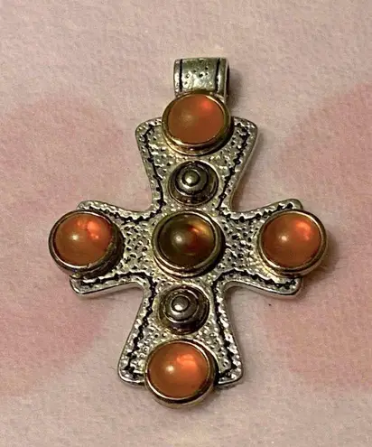 Sterling Silver Vintage solid Fire Opal cross Pendant