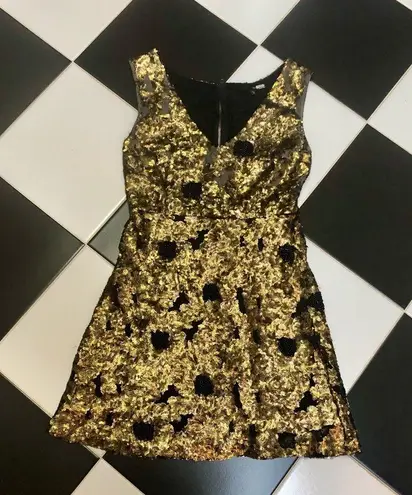 Tracy Reese Black Label Cleopatra Dress Gold Sequins Black Beaded Cutouts size 8