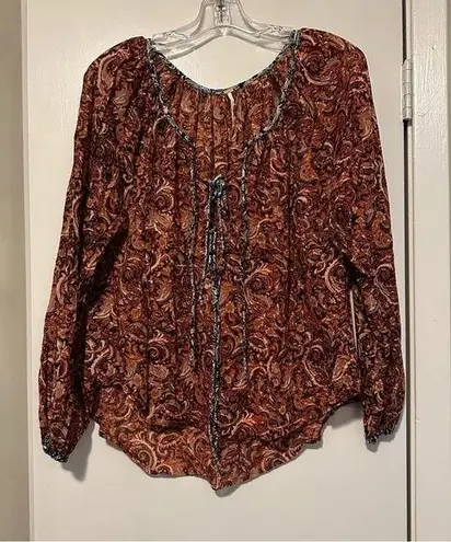 Free People  Burnt Orange Paisley Pleated Boho Front Tie Blouse size S