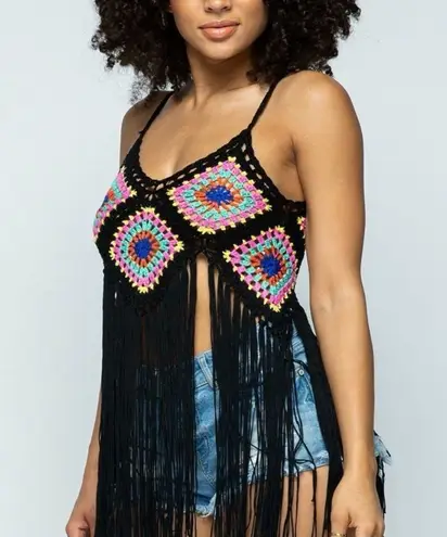 Hera Collection Crochet Granny Square Fringe Top NWT!