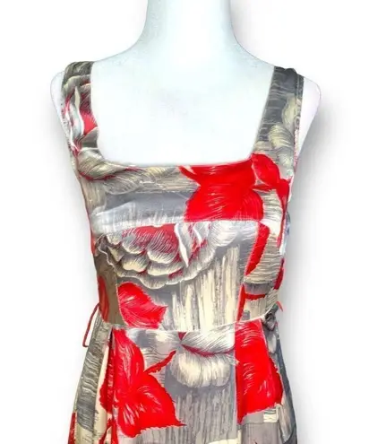 Yoana Baraschi Dress Red Floral Leaf Print Square Neck Sleeveless Knee Length