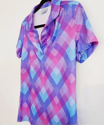 Vintage 70s Argyle Plaid Short Sleeve Blouse Medium Magenta, Bubblegum Pink