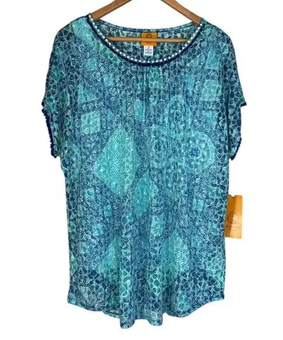 Ruby Rd blouse under shirt cami tank attached semi sheer top tassel trim 1X NEW Blue thumbnail 1