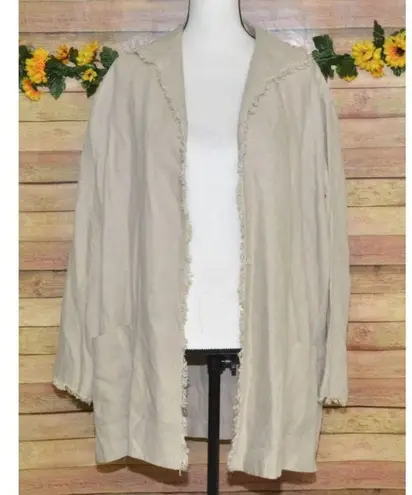 Lafayette 148 Vintage 100% Linen Open Front Jacket Size L Raw Trim Neutral Khaki