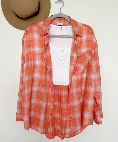 Abound Nordstrom Plaid button down shirt top SMALL long sleeve blouse orange white