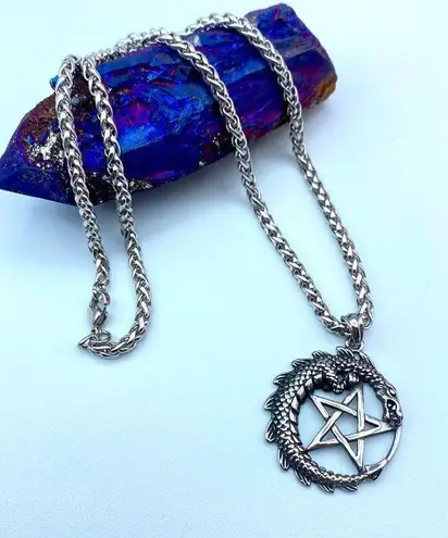 Stainless Steel Dragon Pentagram Necklace Wheat Chain Silver