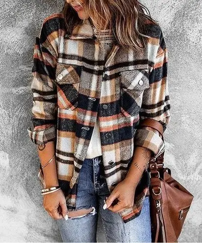 Plaid Flannel Oversized Button Up Shirt Jacket Tan Size 2X