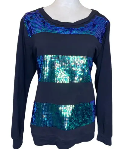 H&M  Blue Irredescent Sequin Stripe Long Sleeves Top Sweatshirt Size Large - Image 1