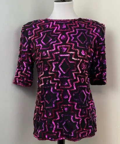 Vintage Silk & Sequin Short Sleeve Blouse Medium Cocktail Black