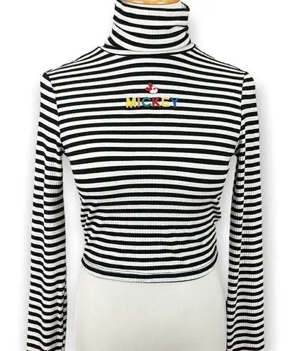 Forever 21 x Disney Mickey Striped Long Sleeve Crop Top S Black