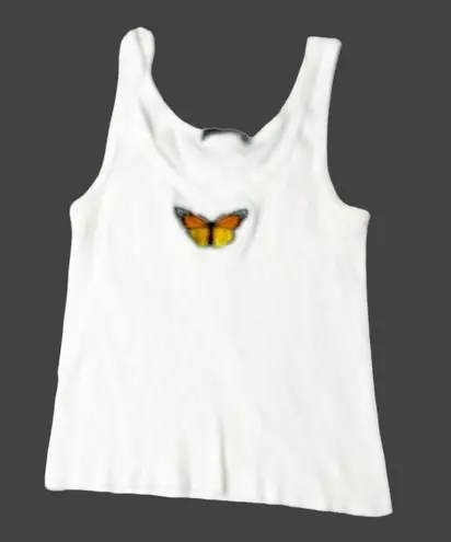 Brandy Melville Butterfly Embroidered White Ribbed Basic Tank Top Size Small