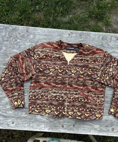 Diane Gilman Vintage 90s Blazer Cropped Zip Jacket Silk Aztec Bomber medium fall