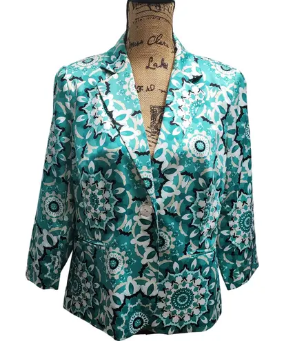 Madison Petite Womens Teal Floral Print Blazer Jacket 3/4 Sleeve Size PL White
