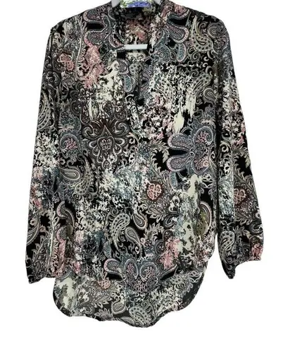 Mix Noveau Pink Black Blue Brown Tan Paisley abstract Top Medium