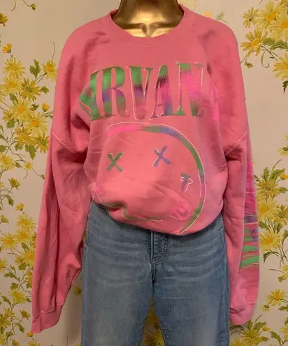 Nirvana NWOT  Women's Preppy Smiley Face Crewneck Sweatshirt pink  XL