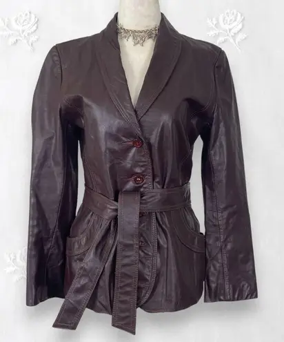 Casual Corner VTG 90s Maroon Burgundy Brown Leather Belted Tailored Jacket S / M