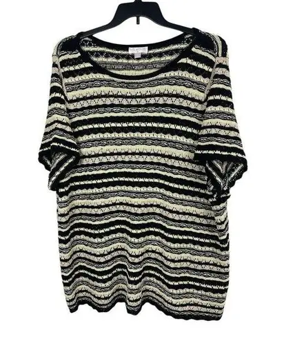 Belle Boho By Kim Gravel Textured Loose Knit Earth Tone Short Sleeve Sweater 3X Black