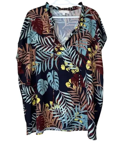 Weekend Suzanne Betro Leaf Patterned Short Sleeve Blouse Top Size 1X Black