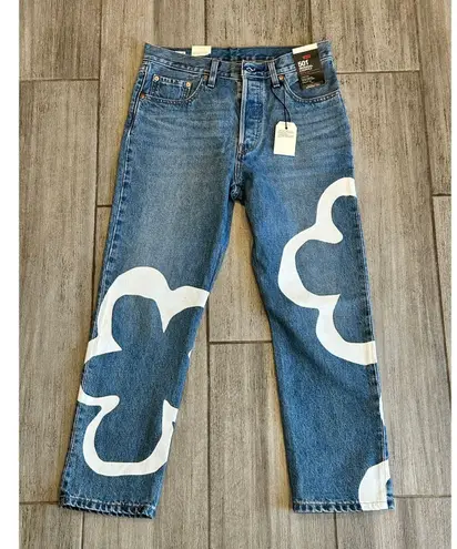 NEW Levi's 501 Crop Paint by Number Flower Wavy Lined Straight Jeans 28 x 26” Blue