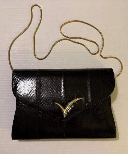 Vanna White RARE Vintage Black Snake Leather Clutch Chain Handbag Purse 1980