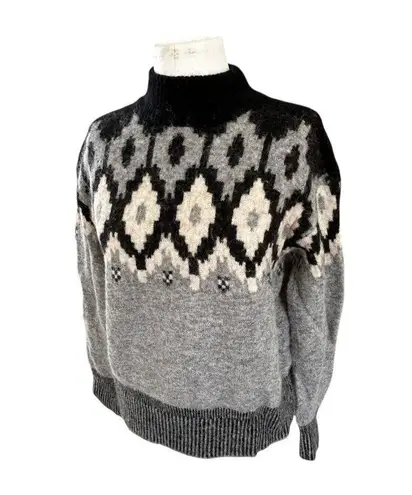 MONROW Mock Neck Fair Isle Pullover Sweater Black White Gray Wool Alpaca Blend S