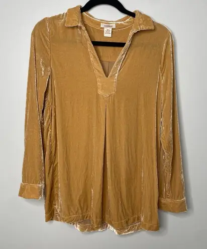 Sundance Silk Yellow Velvet Collar Notched Neck Long-Sleeved Top XS Bohemian