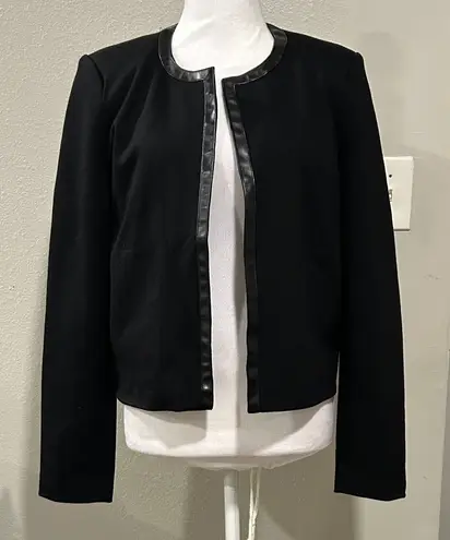 Tahari NWT T Black Collarless Open Front Faux Leather Trim Jacket Blazer M