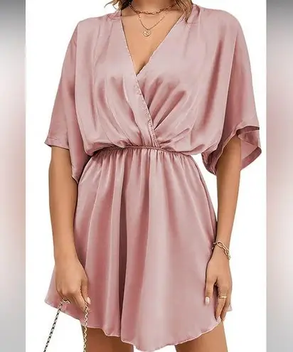 LYANER Women's Satin V Neck Twist Ruffle Flowy
Short Sleeve Mini Dress NWOT M Pink Size M