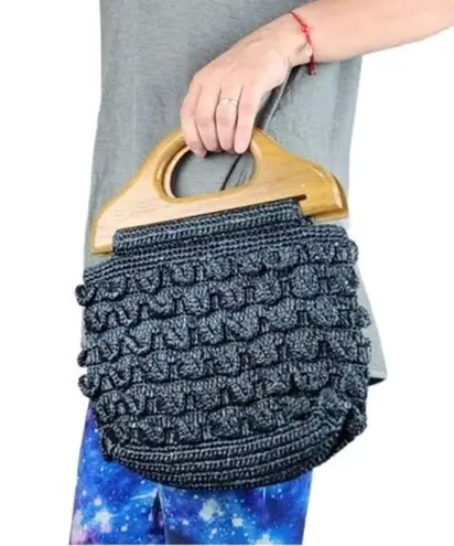 Nicole Miller  Collection Knit Boho Clutch Wood Handle Purse Handbag Snap Button