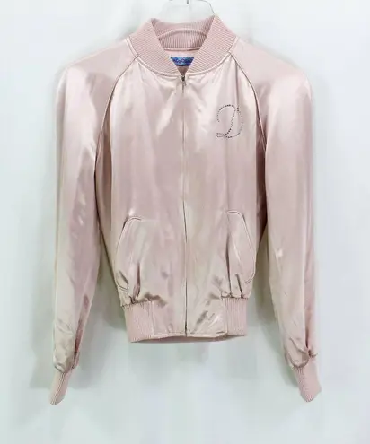 90s Vintage ACROBAT Womens Bomber Track Jacket Pink Silk Zip Up Rhinestone "D"