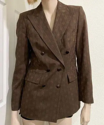 Rare Vintage ESCADA Wool Blend Double Breasted Square Print Brown Blazer Size 34