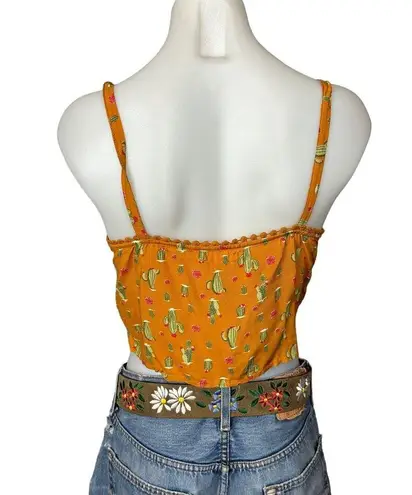 Eyeshadow Mustard Cactus Camisole Crop Top SMALL Tie Front Western Cami Cowgirl Cotton NEW