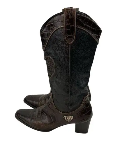 Brighton  Toby Western Cowboy Boots Women Size 8.5 Brown Leather Heart Charm Croc