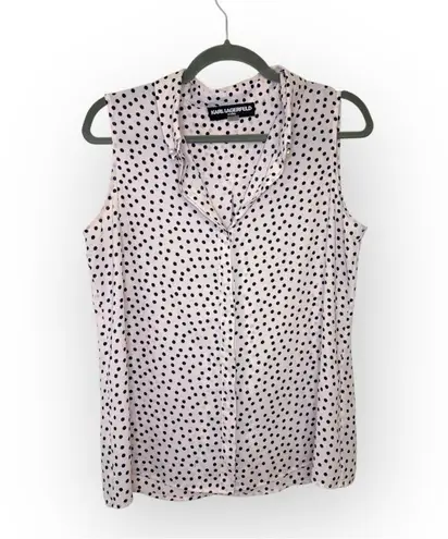 Karl Lagerfeld Light Pink & Black Polka Dot Blouse with Pearl Detail Collar | M