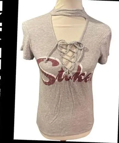 Adam Levine  Women's Lace Up Stoked Gray Maroon T-Shirt Small