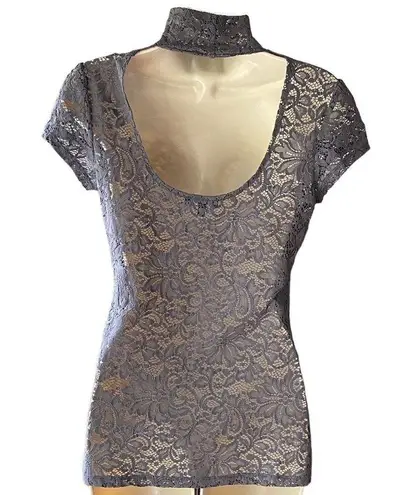 EXPRESS Sheer Gray Lace Backless Mock Turtleneck Top by  ~ Women's Size SMALL - Image 3