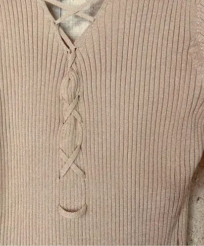 Planet Gold Plus 2x Metallic Gold/Tan Deep V-Neck Long Sleeve Sweater Dress