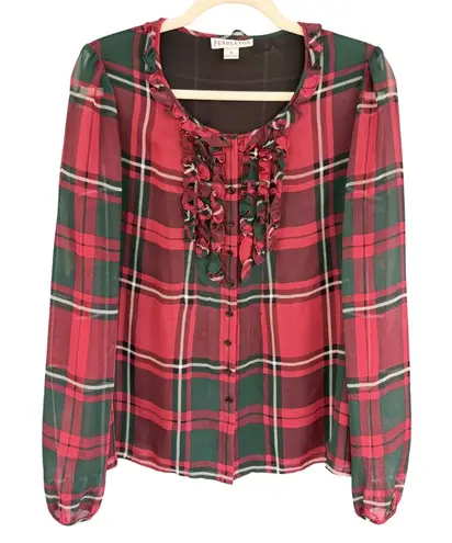 Pendleton A6 Silk Plaid Ruffle Front Long Sleeve Blouse Top Size 8 Red Green