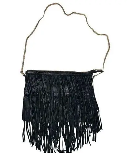 H&M  black faux suede fringe shoulder bag. Gold chain strap. Good condition - Image 1