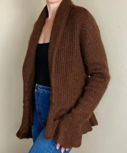 Retro Brown Wool Ruffle Girly Cottage Open Cardigan Size M