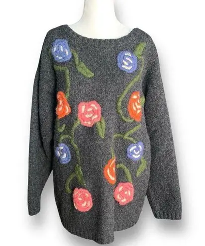 Esprit Vintage Gray Wool Floral Embroidered Crewneck Ribbed Knit Sweater