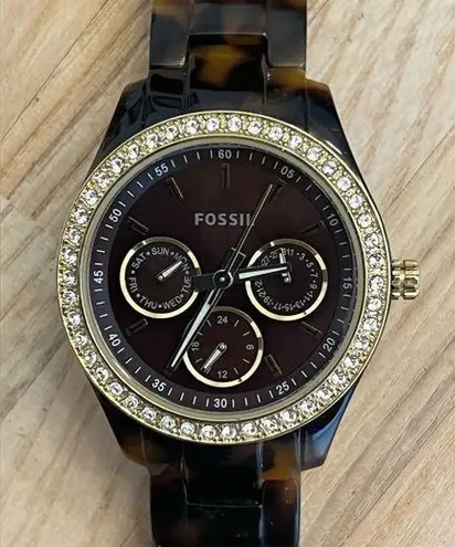Fossil Ladies Watch Crystal Accents Bronze Copper Dial Tortoise Shell Bracelet