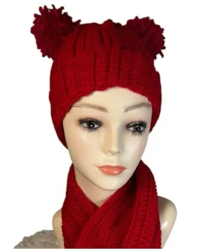 Handmade Bright Red (some gold touches) Crochet Hat & Scarf Set Cozy & Stylish
