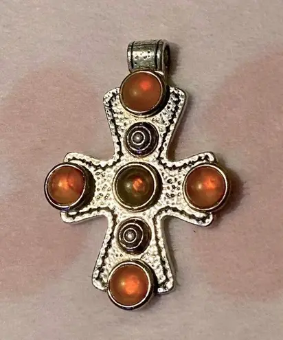 Sterling Silver Vintage solid Fire Opal cross Pendant