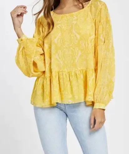 Gentle Fawn Yellow Printed Long Sleeve Peplum Blouse Size Medium